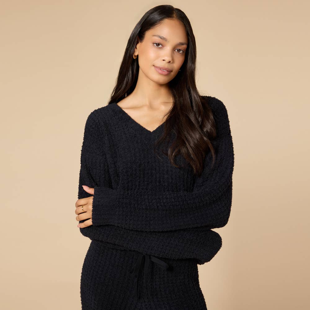Marshmallow Waffle V-Neck Lounge Set for Women: Black / XL