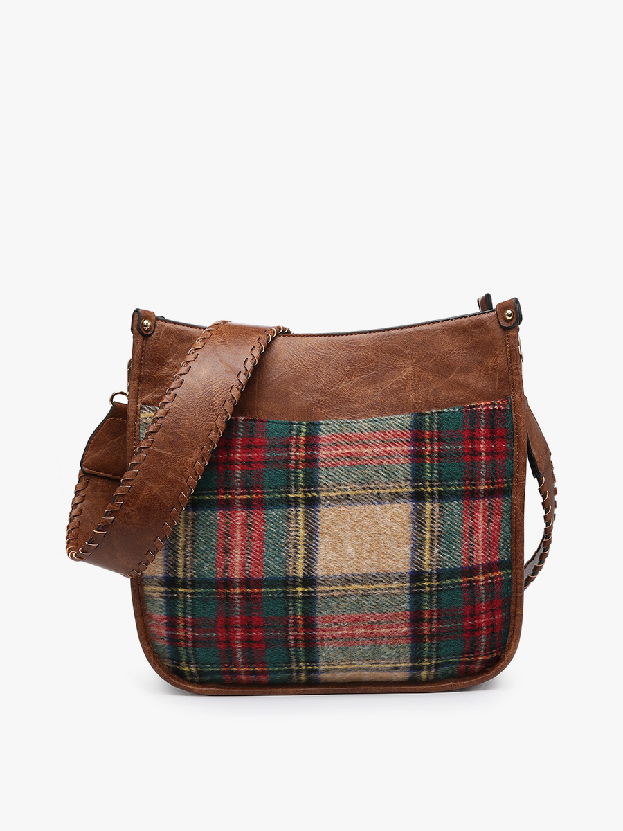 M1977PLD Chloe Plaid Crossbody with Guitar Strap: Brown/Beige