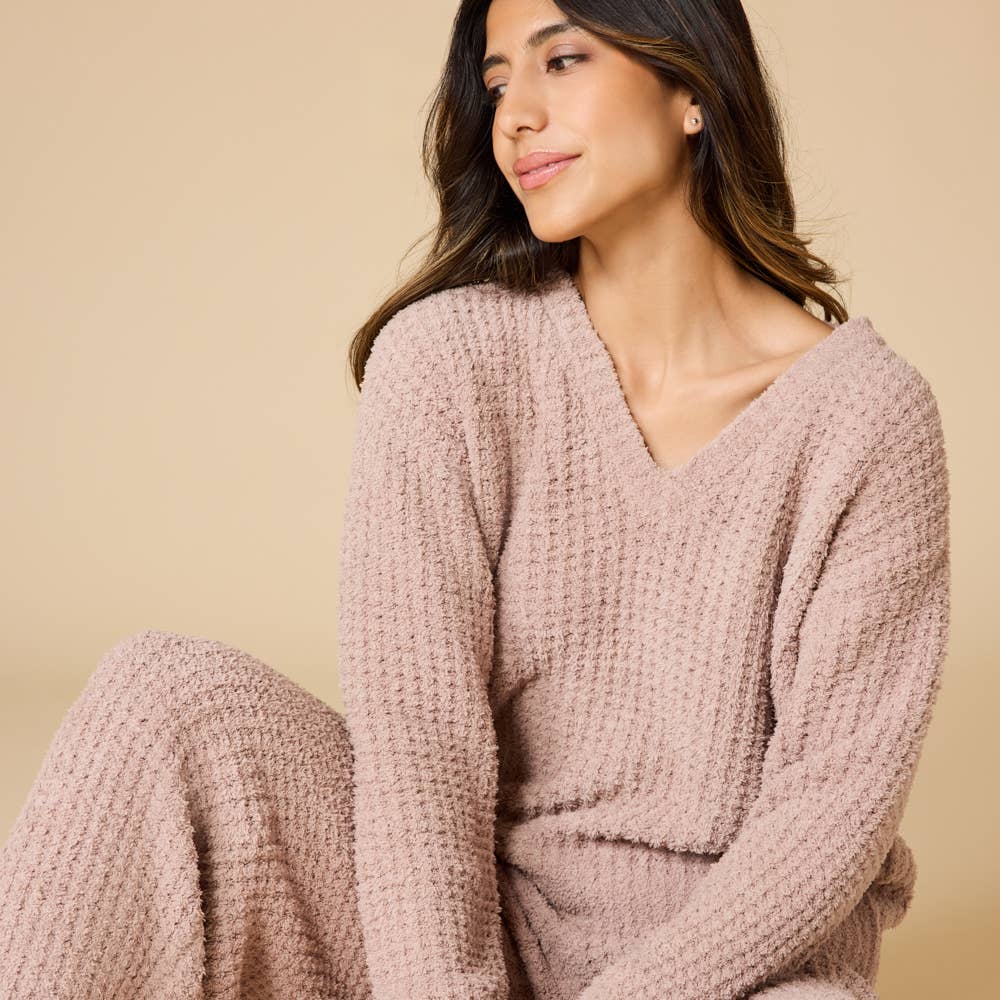 Marshmallow Waffle V-Neck Lounge Set for Women: Cherry Cola / M