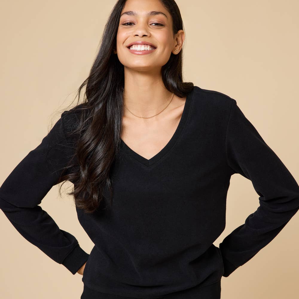 Vintage Velvet V-Neck with Wide Leg Pant: Black / M