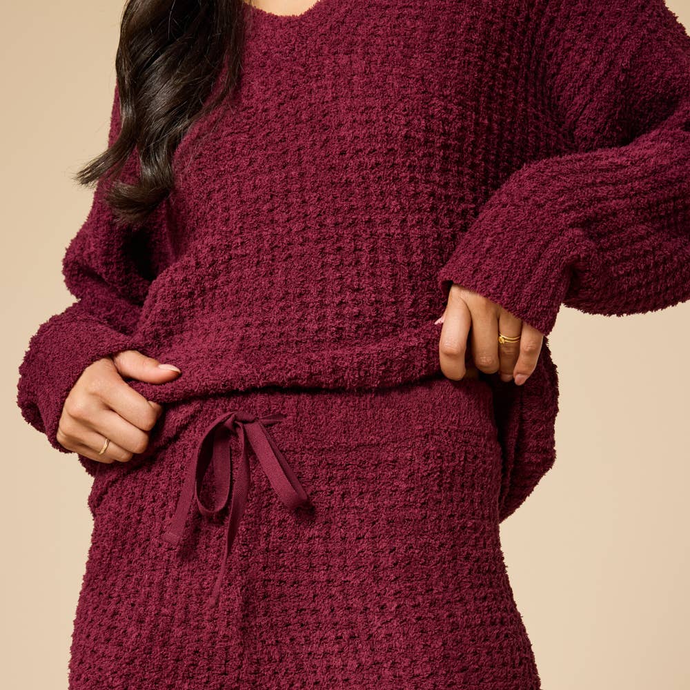 Marshmallow Waffle V-Neck Lounge Set for Women: Cherry Cola / M