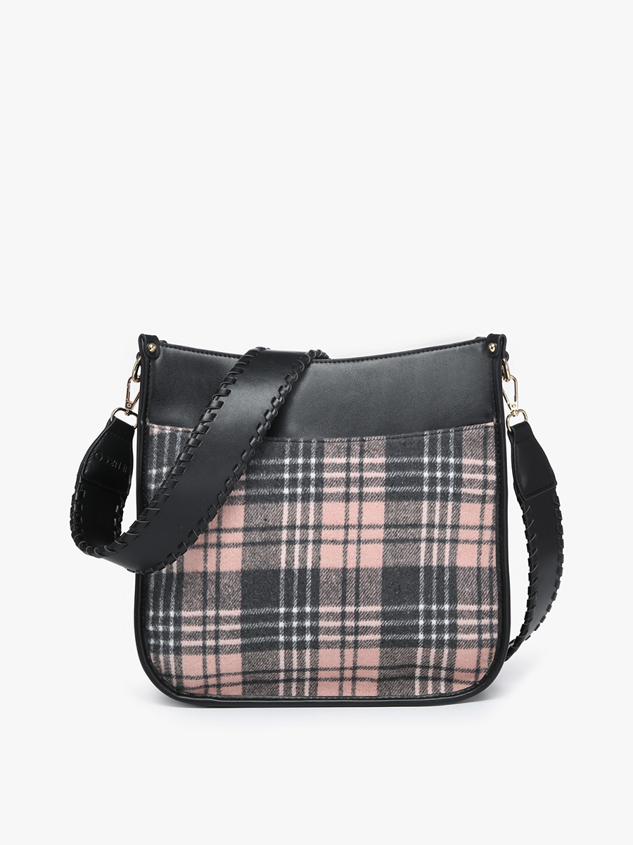 M1977PLD Chloe Plaid Crossbody with Guitar Strap: Brown/Beige