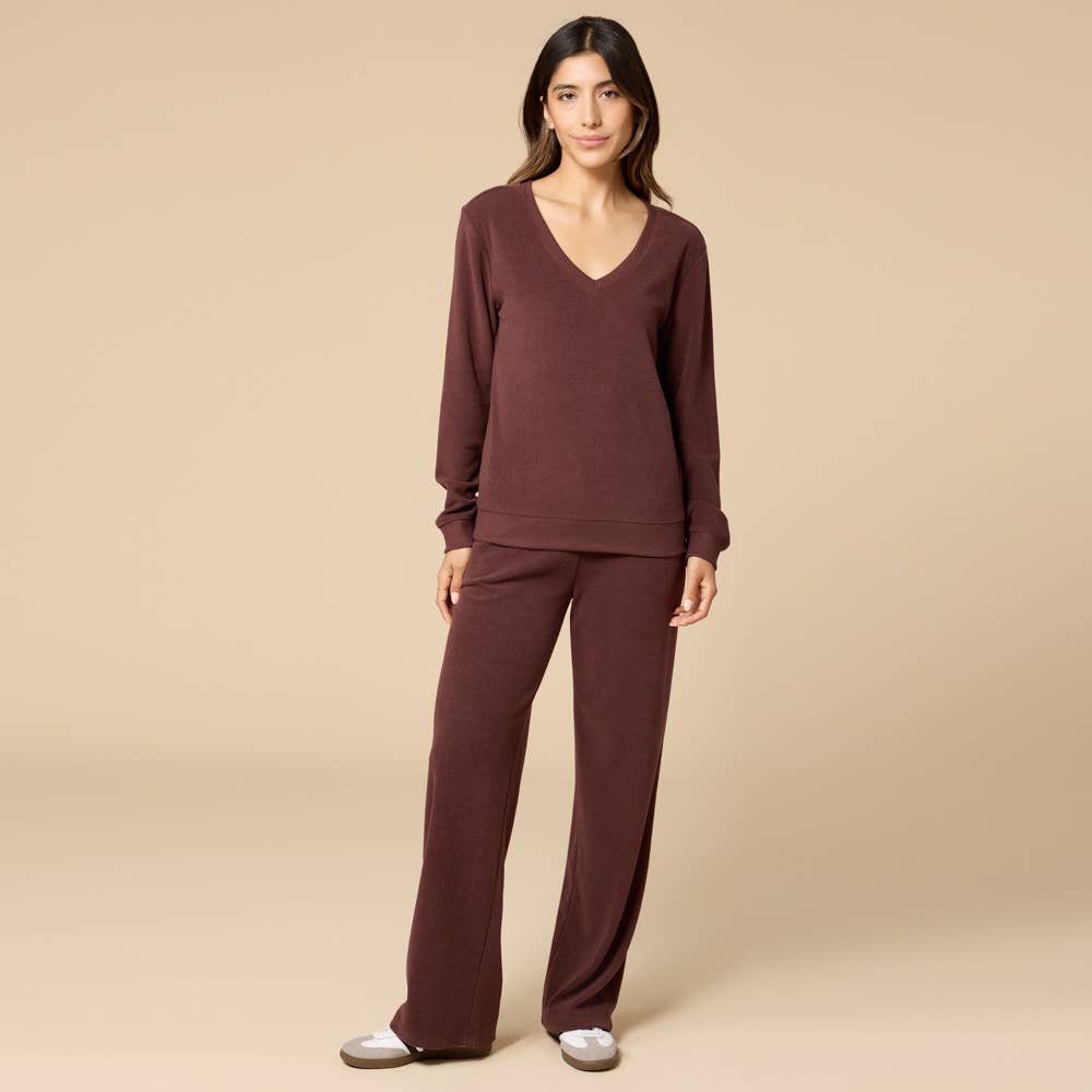 Vintage Velvet V-Neck with Wide Leg Pant: Black / M