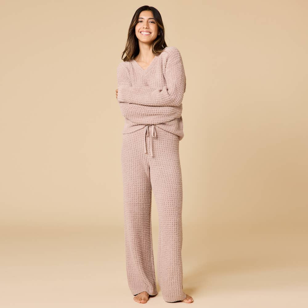 Marshmallow Waffle V-Neck Lounge Set for Women: Black / XL
