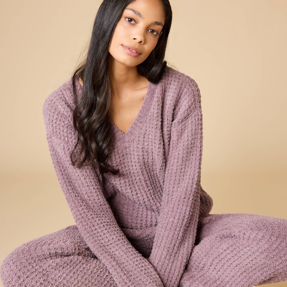 Marshmallow Waffle V-Neck Lounge Set for Women: Black / XL