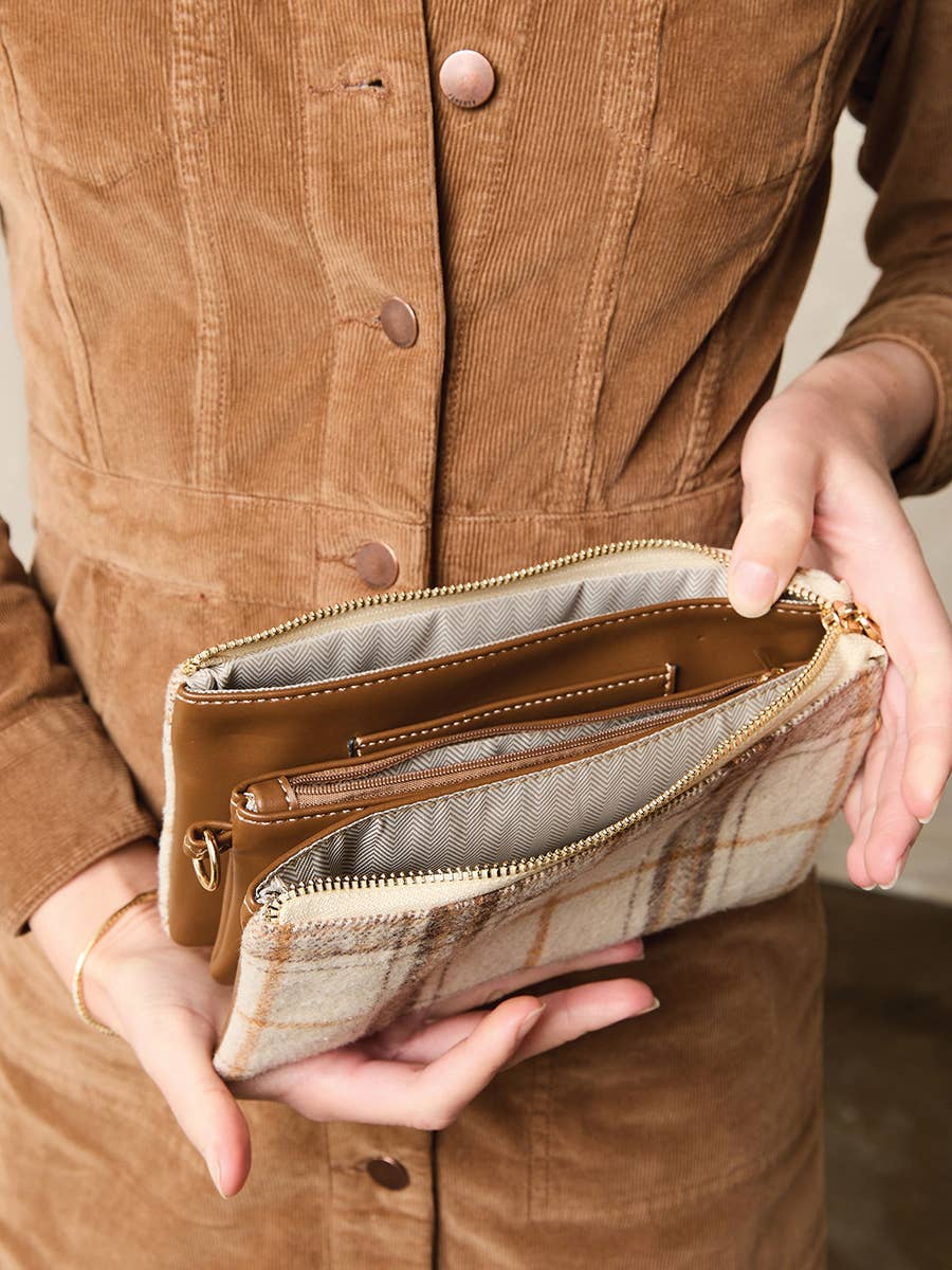 M013-PLD Riley Plaid 3 Compartment Crossbody/Wristlet: Green